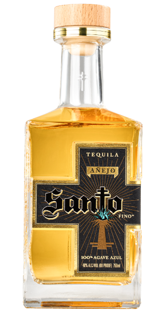 Front view of a bottle of Santo Anejo tequila.