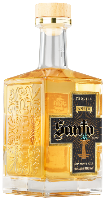 Side view of a bottle of Santo Anejo tequila.