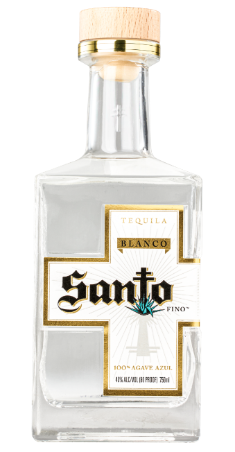 Front view of a bottle of Santo Blanco tequila.