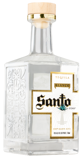 Side view of a bottle of Santo Blanco tequila.