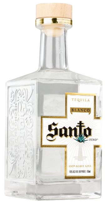 Side view of a bottle of Santo Blanco tequila.