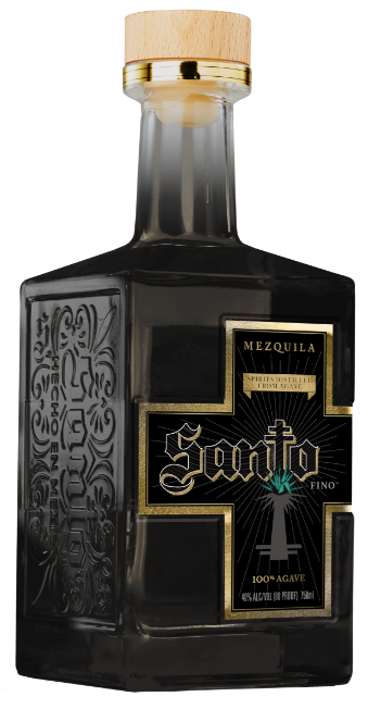 Side view of a bottle of Santo Mezauila tequila mezcal blend.