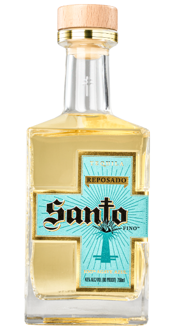 Front view of a bottle of Santo Reposado tequila.