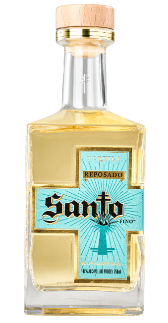 Front view of a bottle of Santo Reposado tequila.