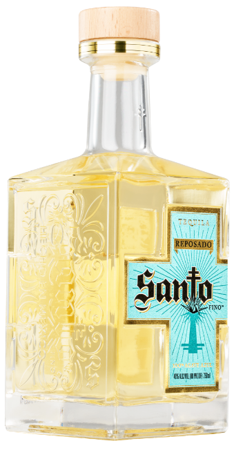 Side view of a bottle of Santo Reposado tequila.