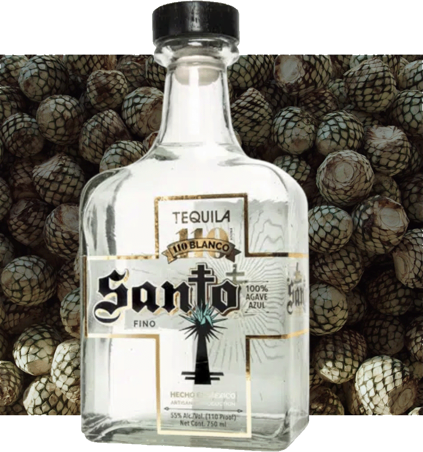 Bottle of Santo Tequila Blanco with agave plants in the background.